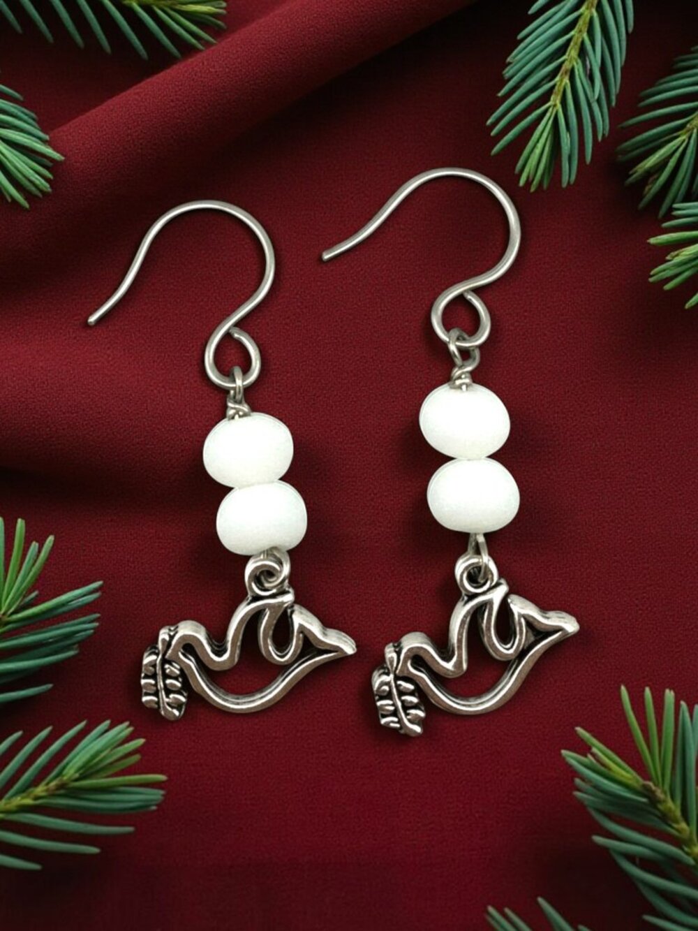 Dove of Peace Earrings White Faceted Crystal Silver Dangle 2" Hand Crafted